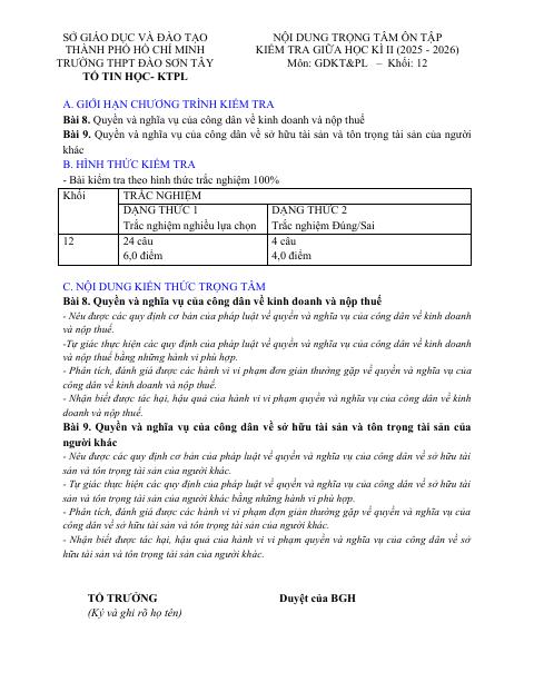 Đề cương ôn tập Giữa kì 2 KTPL 12 năm 2025–2026 trường THPT Đào Sơn Tây (TP Hồ Chí Minh)